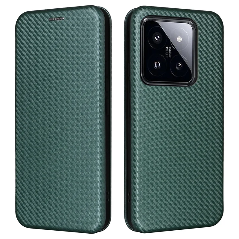 For Xiaomi 14 Leather Case Card Holder Carbon Fiber Texture Phone Cover - Green