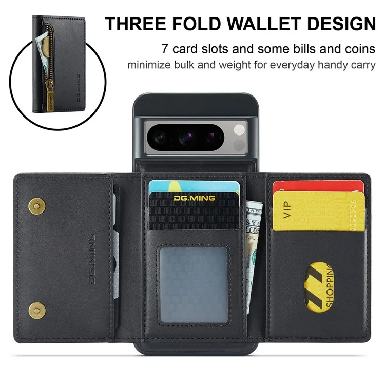DG.MING M5 Series For Google Pixel 8 Pro Phone Case RFID Blocking Zipper Pocket Back Cover - Black