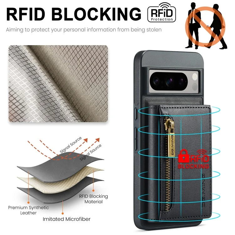 DG.MING M5 Series For Google Pixel 8 Pro Phone Case RFID Blocking Zipper Pocket Back Cover - Black