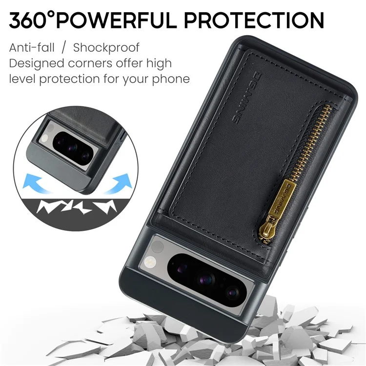 DG.MING M5 Series For Google Pixel 8 Pro Phone Case RFID Blocking Zipper Pocket Back Cover - Black