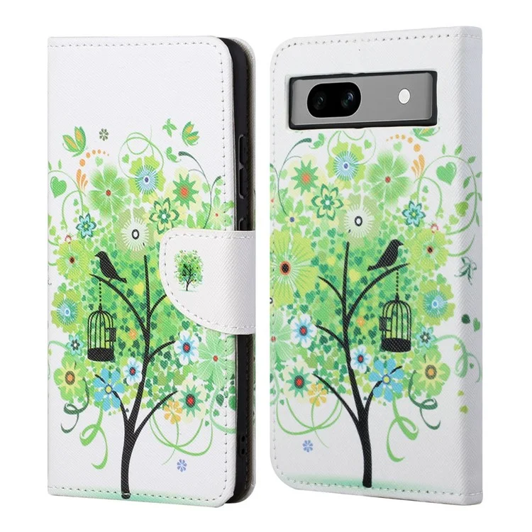 For Google Pixel 8a Wallet Case PU Leather Pattern Stand Phone Cover - Green Tree