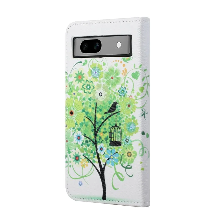 For Google Pixel 8a Wallet Case PU Leather Pattern Stand Phone Cover - Green Tree