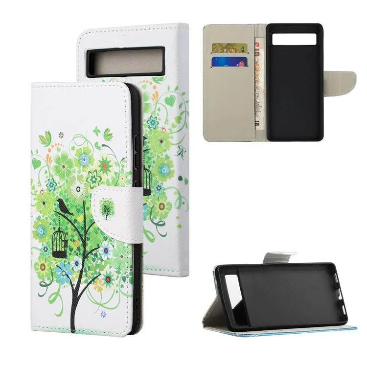 For Google Pixel 8a Wallet Case PU Leather Pattern Stand Phone Cover - Green Tree
