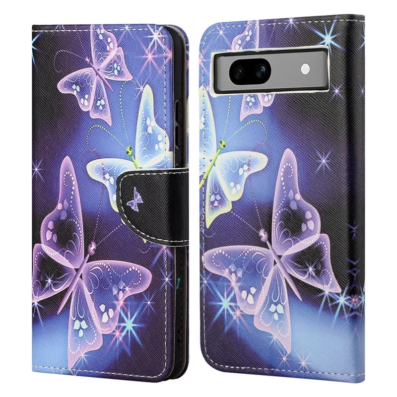 For Google Pixel 8a Wallet Case PU Leather Pattern Stand Phone Cover - Sparkling Butterflies