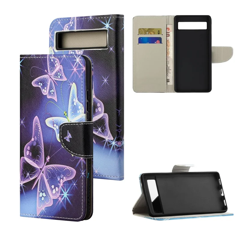 For Google Pixel 8a Wallet Case PU Leather Pattern Stand Phone Cover - Sparkling Butterflies