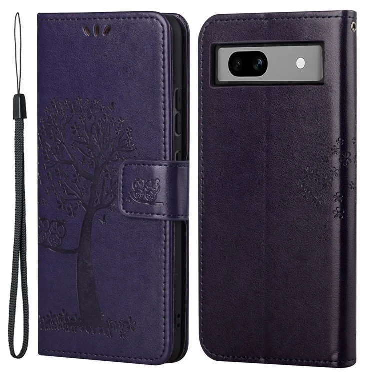 Para Google Pixel 8a Cell Phone Case Caso de Telefone Celular Coruja Árvore Imprinting Leather Stand Wallet Cover - Purple Escuro