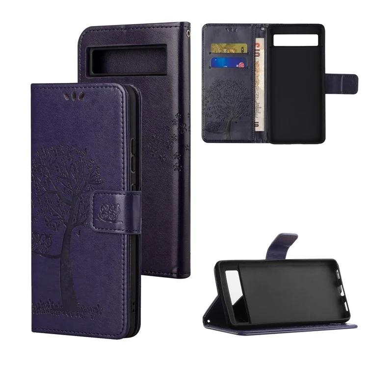 Para Google Pixel 8a Cell Phone Case Caso de Telefone Celular Coruja Árvore Imprinting Leather Stand Wallet Cover - Purple Escuro