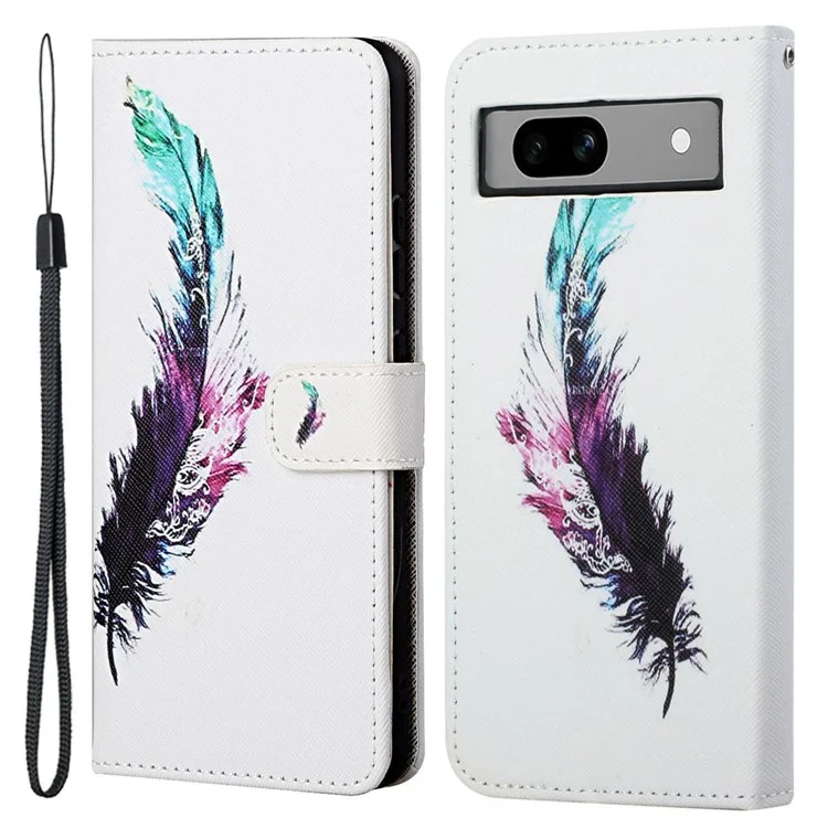 For Google Pixel 8a Flip Phone Case 3D Pattern Printing Wrist Strap Stand Cover - Feather