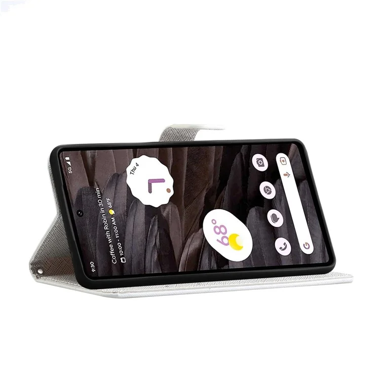 For Google Pixel 8a Flip Phone Case 3D Pattern Printing Wrist Strap Stand Cover - Feather