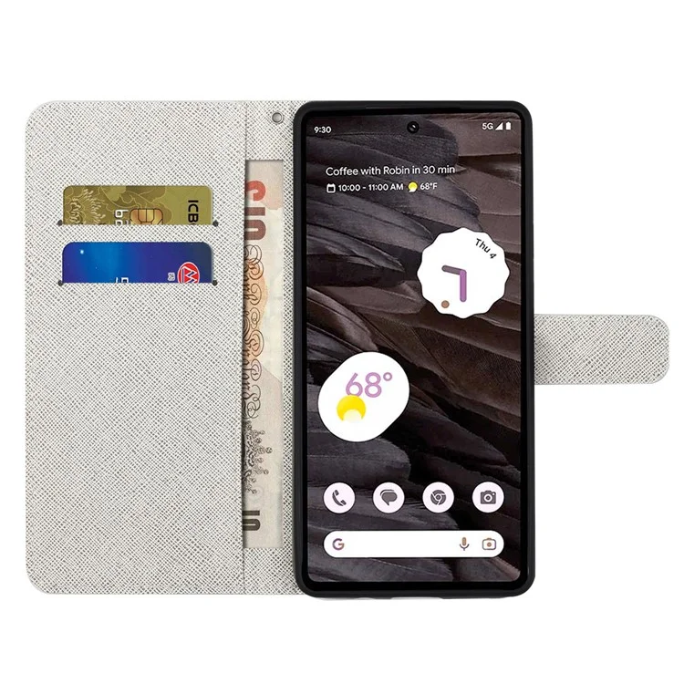 For Google Pixel 8a Flip Phone Case 3D Pattern Printing Wrist Strap Stand Cover - Feather