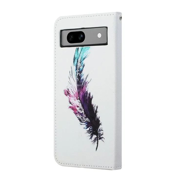For Google Pixel 8a Flip Phone Case 3D Pattern Printing Wrist Strap Stand Cover - Feather