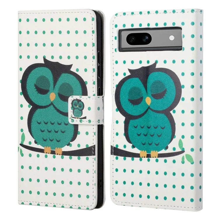 For Google Pixel 8a PU Leather Case Pattern Flip Stand Phone Cover - Dots / Owl