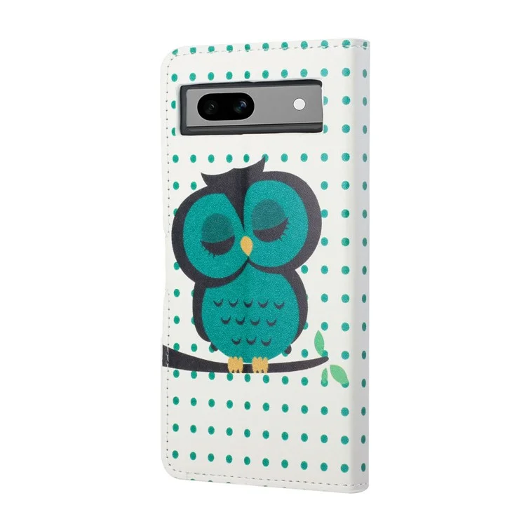 For Google Pixel 8a PU Leather Case Pattern Flip Stand Phone Cover - Dots / Owl
