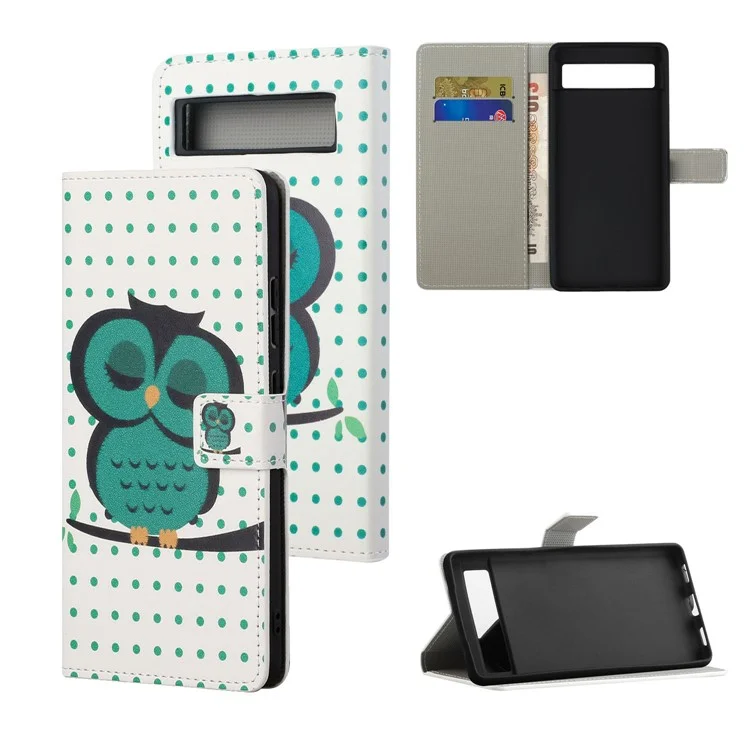 For Google Pixel 8a PU Leather Case Pattern Flip Stand Phone Cover - Dots / Owl
