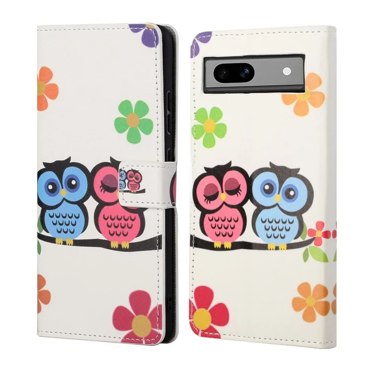 For Google Pixel 8a PU Leather Case Pattern Flip Stand Phone Cover - Couple Owls
