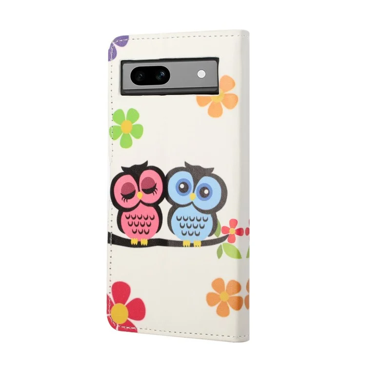 For Google Pixel 8a PU Leather Case Pattern Flip Stand Phone Cover - Couple Owls