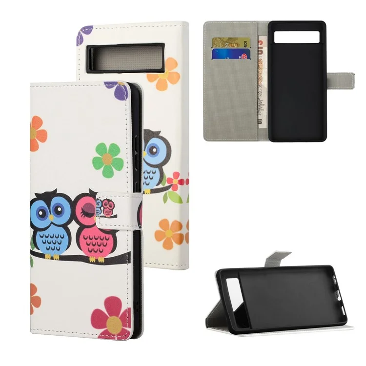 For Google Pixel 8a PU Leather Case Pattern Flip Stand Phone Cover - Couple Owls