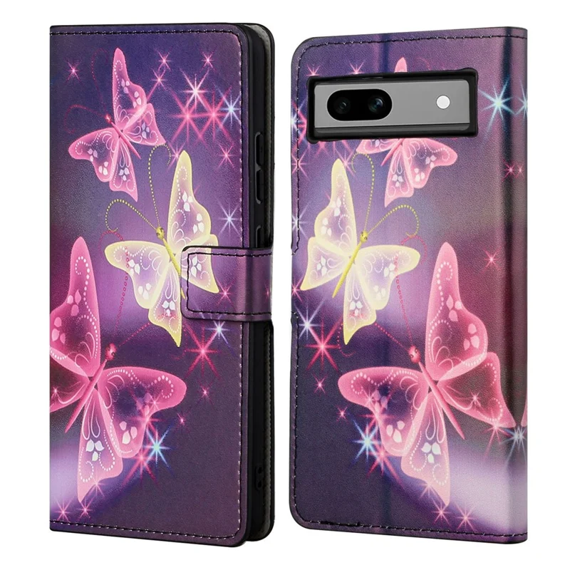 For Google Pixel 8a PU Leather Case Pattern Flip Stand Phone Cover - Sparkle Butterflies