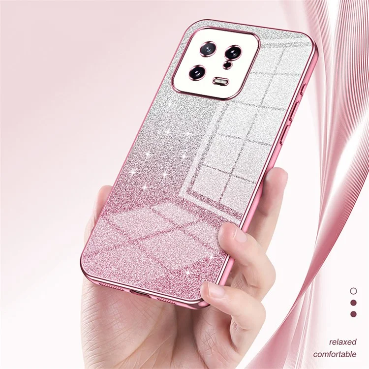 For Xiaomi 13 Cover Soft TPU Precise Cutout Gradient Glitter Design Cell Phone Case - Pink