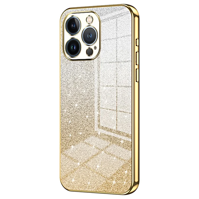 For iPhone 13 Pro Cell Phone Case Precise Cutout Electroplating Gradient Glitter TPU Cover - Gold