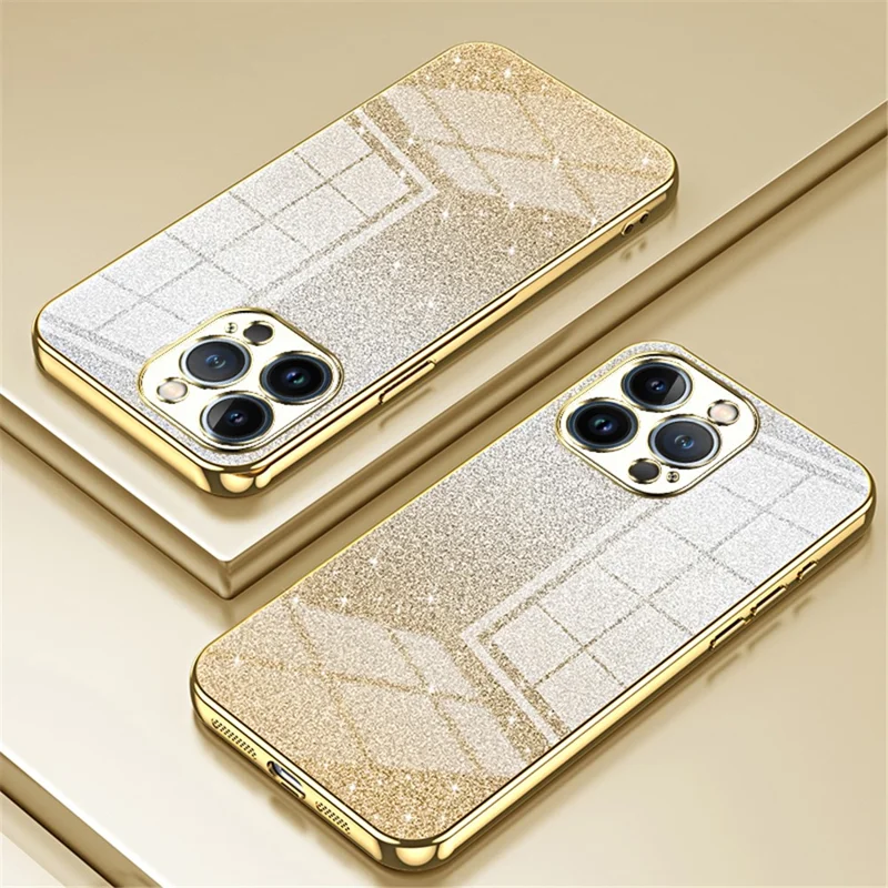 For iPhone 13 Pro Cell Phone Case Precise Cutout Electroplating Gradient Glitter TPU Cover - Gold