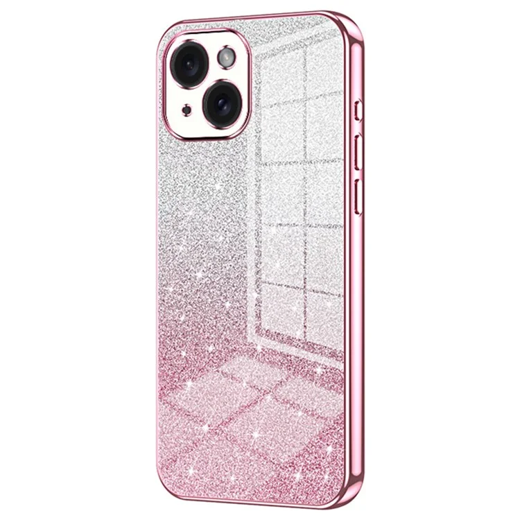 For iPhone 15 Cell Phone Case Precise Cutout Gradient Glitter Anti-drop TPU Cover - Pink