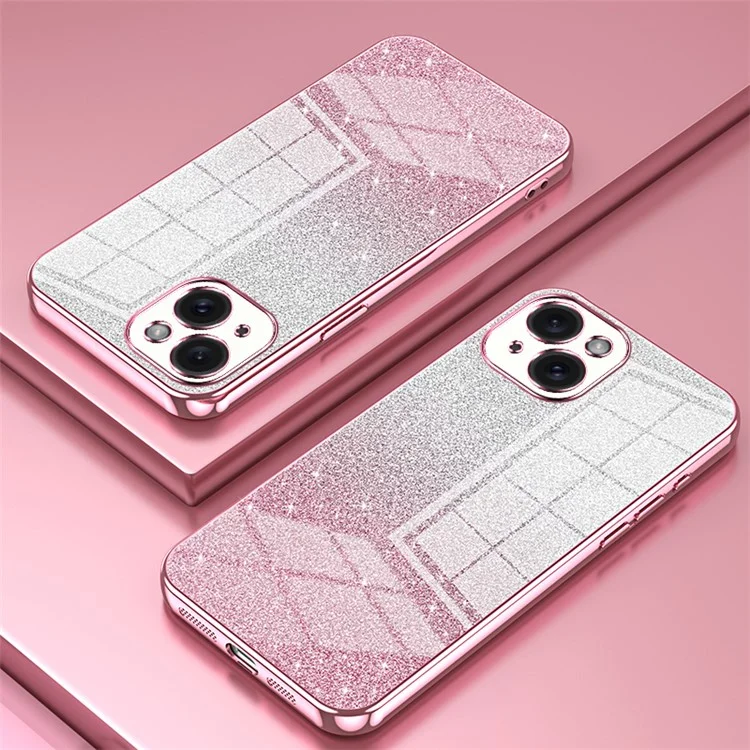 For iPhone 15 Cell Phone Case Precise Cutout Gradient Glitter Anti-drop TPU Cover - Pink