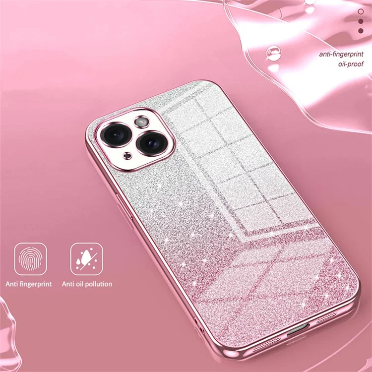 For iPhone 15 Cell Phone Case Precise Cutout Gradient Glitter Anti-drop TPU Cover - Pink