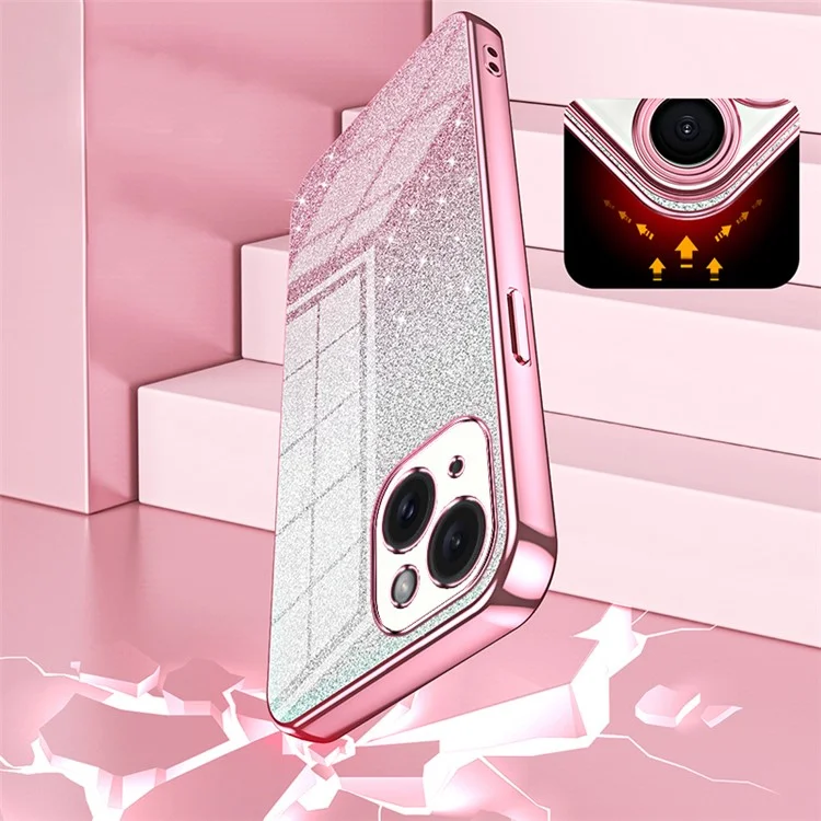 For iPhone 15 Cell Phone Case Precise Cutout Gradient Glitter Anti-drop TPU Cover - Pink