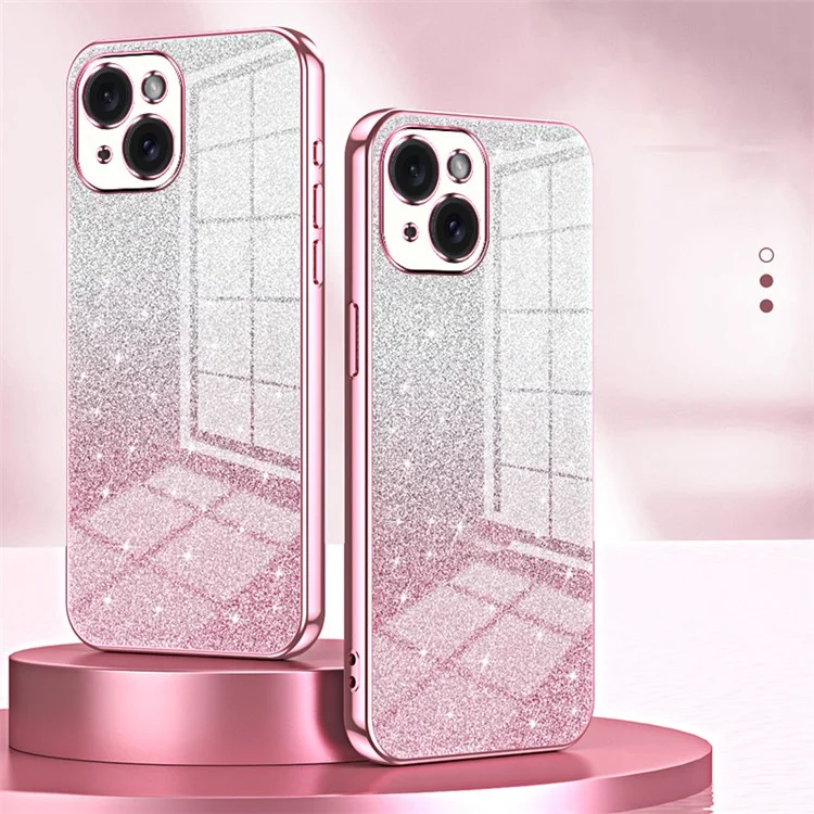 For iPhone 15 Cell Phone Case Precise Cutout Gradient Glitter Anti-drop TPU Cover - Pink
