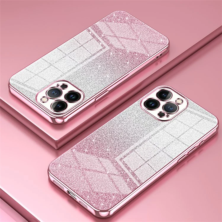 Cell Phone Case for iPhone 13 Pro Max Precise Cutout Electroplating Gradient Glitter TPU Cover - Pink