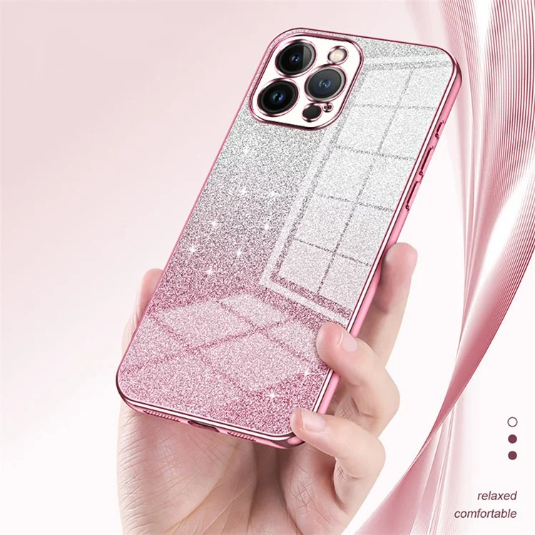 Capa de Telefone Celular Para Iphone 13 Pro Max Precise Cutout Gradiente de Eletroplatação Glitter TPU Tampa - Rosa