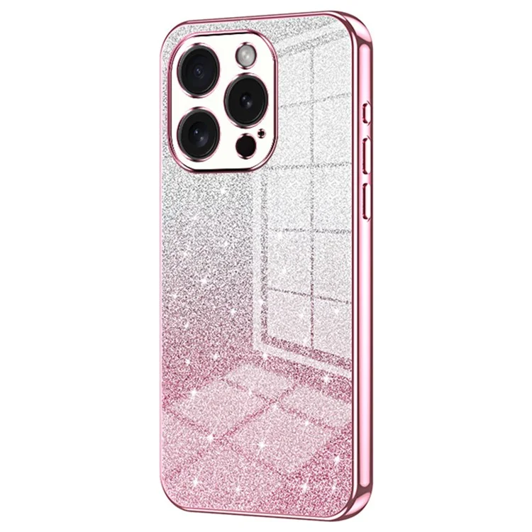 Funda para teléfono celular iPhone 15 Pro con purpurina, recorte preciso, flexible TPU y cubierta con acabado de electrochapado - Pink