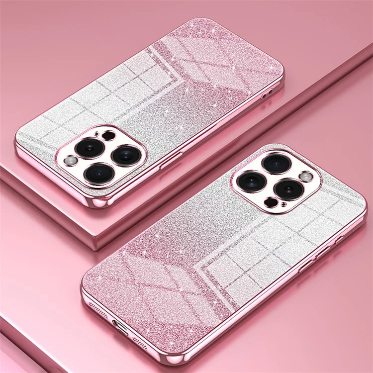 Funda para teléfono celular iPhone 15 Pro con purpurina, recorte preciso, flexible TPU y cubierta con acabado de electrochapado - Pink