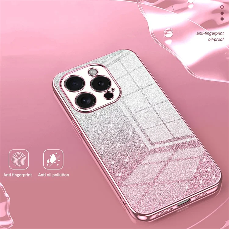 Funda para teléfono celular iPhone 15 Pro con purpurina, recorte preciso, flexible TPU y cubierta con acabado de electrochapado - Pink