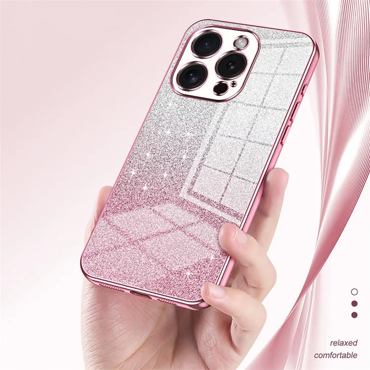 Funda para teléfono celular iPhone 15 Pro con purpurina, recorte preciso, flexible TPU y cubierta con acabado de electrochapado - Pink