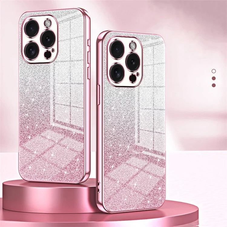 Funda para teléfono celular iPhone 15 Pro con purpurina, recorte preciso, flexible TPU y cubierta con acabado de electrochapado - Pink