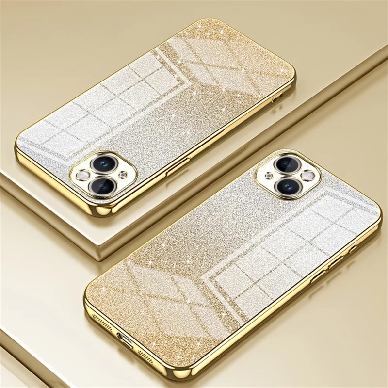 For iPhone 14 Plus Cell Phone Case Glitter Precise Cutout Electroplating TPU Cover - Gold