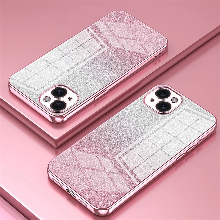 For iPhone 15 Plus Cell Phone Case Shockproof Gradient Glitter Precise Cutout TPU Cover - Pink