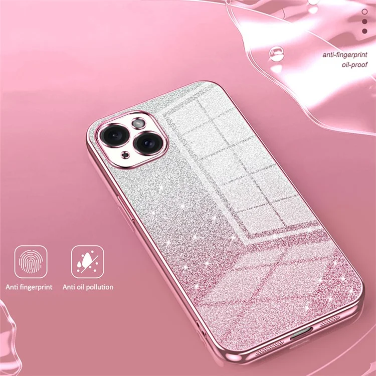 For iPhone 15 Plus Cell Phone Case Shockproof Gradient Glitter Precise Cutout TPU Cover - Pink