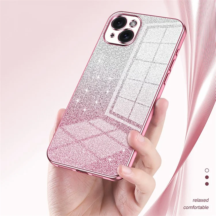 For iPhone 15 Plus Cell Phone Case Shockproof Gradient Glitter Precise Cutout TPU Cover - Pink