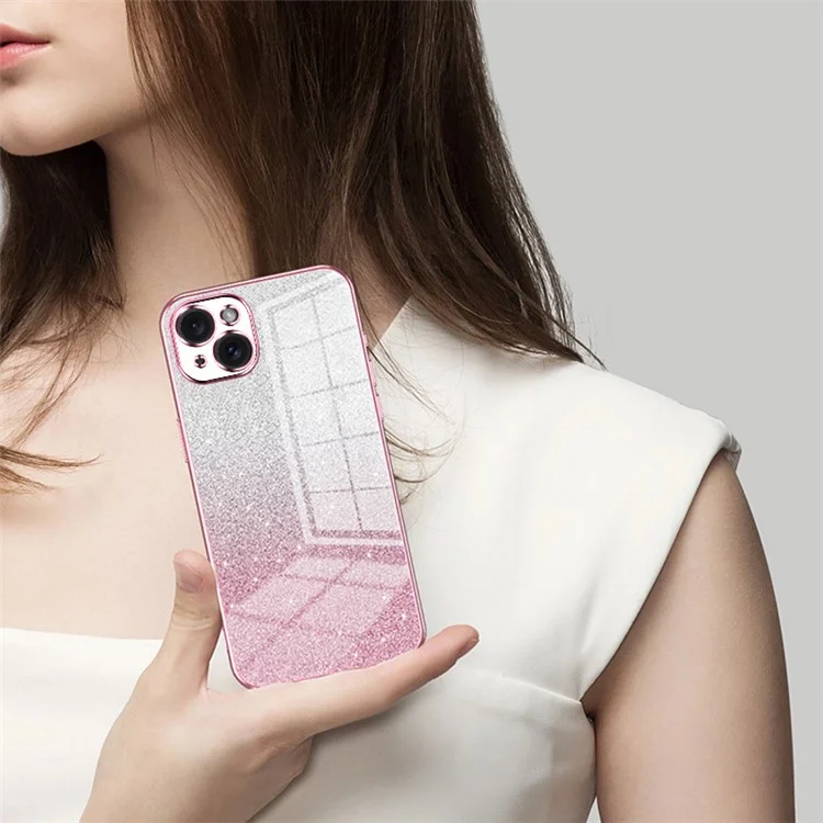 For iPhone 15 Plus Cell Phone Case Shockproof Gradient Glitter Precise Cutout TPU Cover - Pink