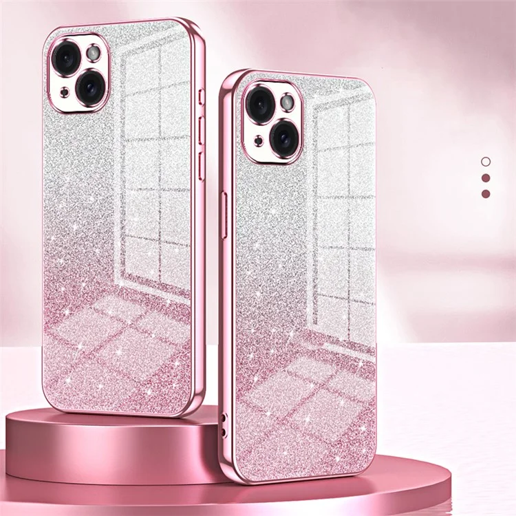 For iPhone 15 Plus Cell Phone Case Shockproof Gradient Glitter Precise Cutout TPU Cover - Pink