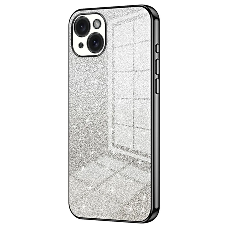 For iPhone 15 Plus Cell Phone Case Shockproof Gradient Glitter Precise Cutout TPU Cover - Black