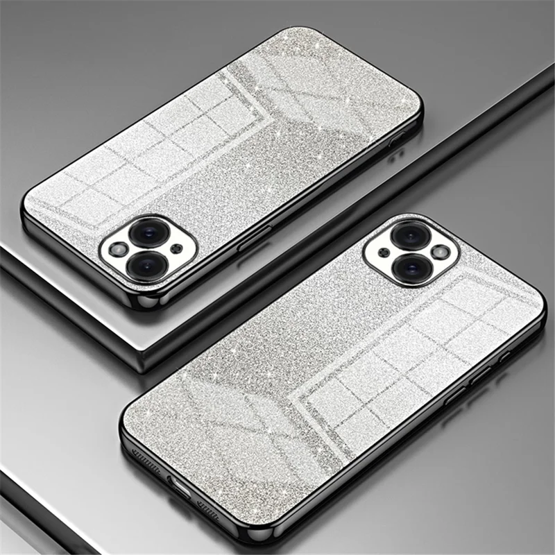 For iPhone 15 Plus Cell Phone Case Shockproof Gradient Glitter Precise Cutout TPU Cover - Black