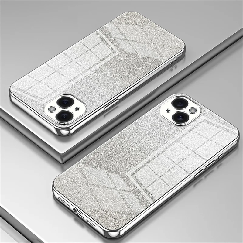 For iPhone 15 Plus telefonbeskyttelse stødfast gradient glitzer præcis udsparing TPU cover - Sølv