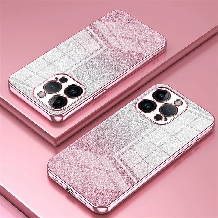 For iPhone 14 Pro Cell Phone Case Gradient Glitter Precise Cutout Anti-scratch TPU Cover - Pink