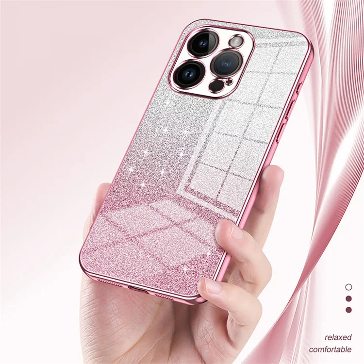 For iPhone 14 Pro Cell Phone Case Gradient Glitter Precise Cutout Anti-scratch TPU Cover - Pink