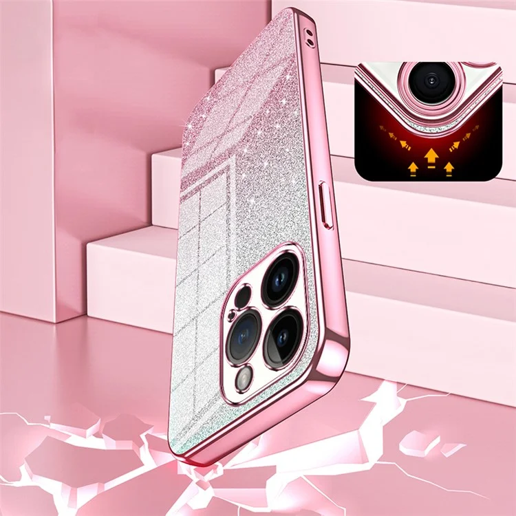 For iPhone 14 Pro Cell Phone Case Gradient Glitter Precise Cutout Anti-scratch TPU Cover - Pink