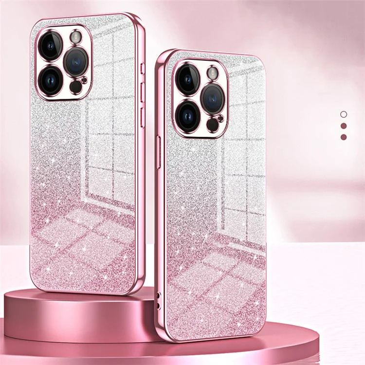 For iPhone 14 Pro Cell Phone Case Gradient Glitter Precise Cutout Anti-scratch TPU Cover - Pink